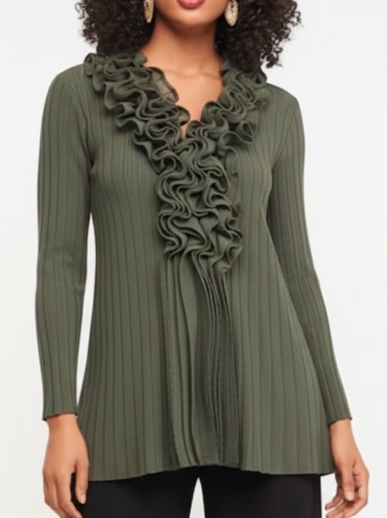 Je Crois Japanese Label Dresses & Skirts - Japanese Fashion Je Crois Soi Micro Pleat Ruffle Tunic V-Neck Blouse Khaki/gray